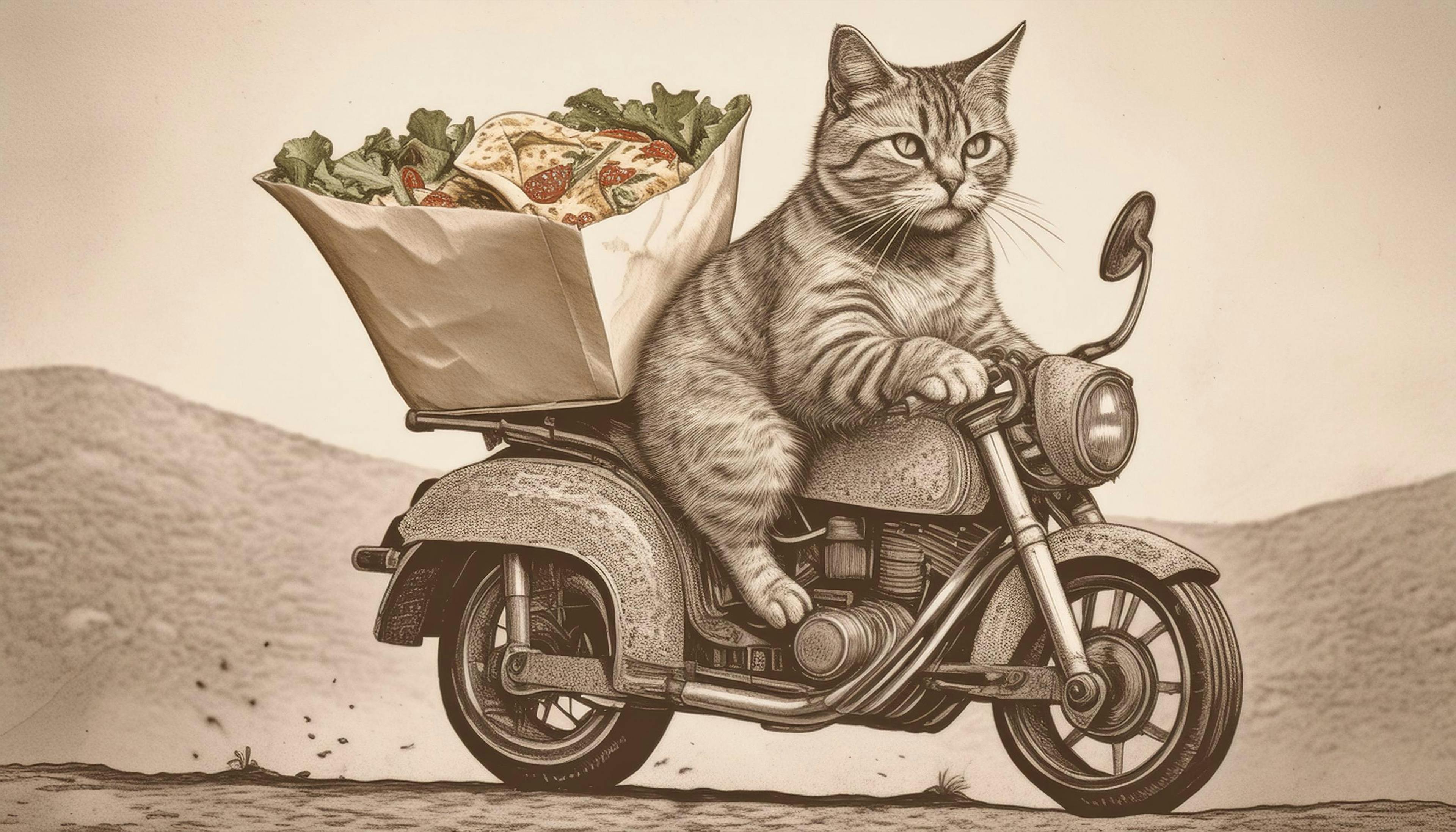 Looks like this cat's delivering the purr-fect meal on the meow-torcycle! Taco 'bout fast food!