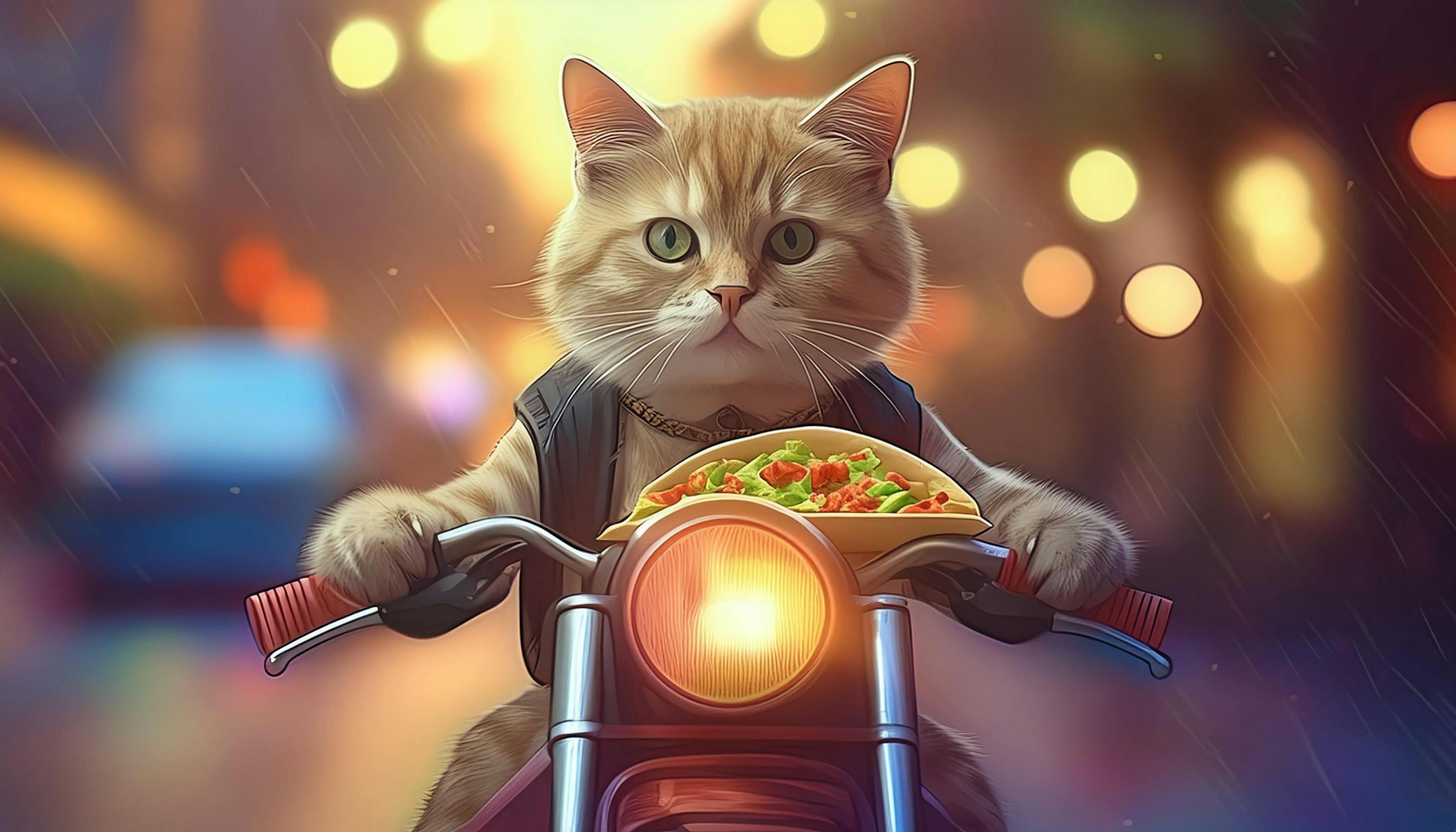 Looks like this cat's got the purr-fect delivery skills—taco 'bout fast food!