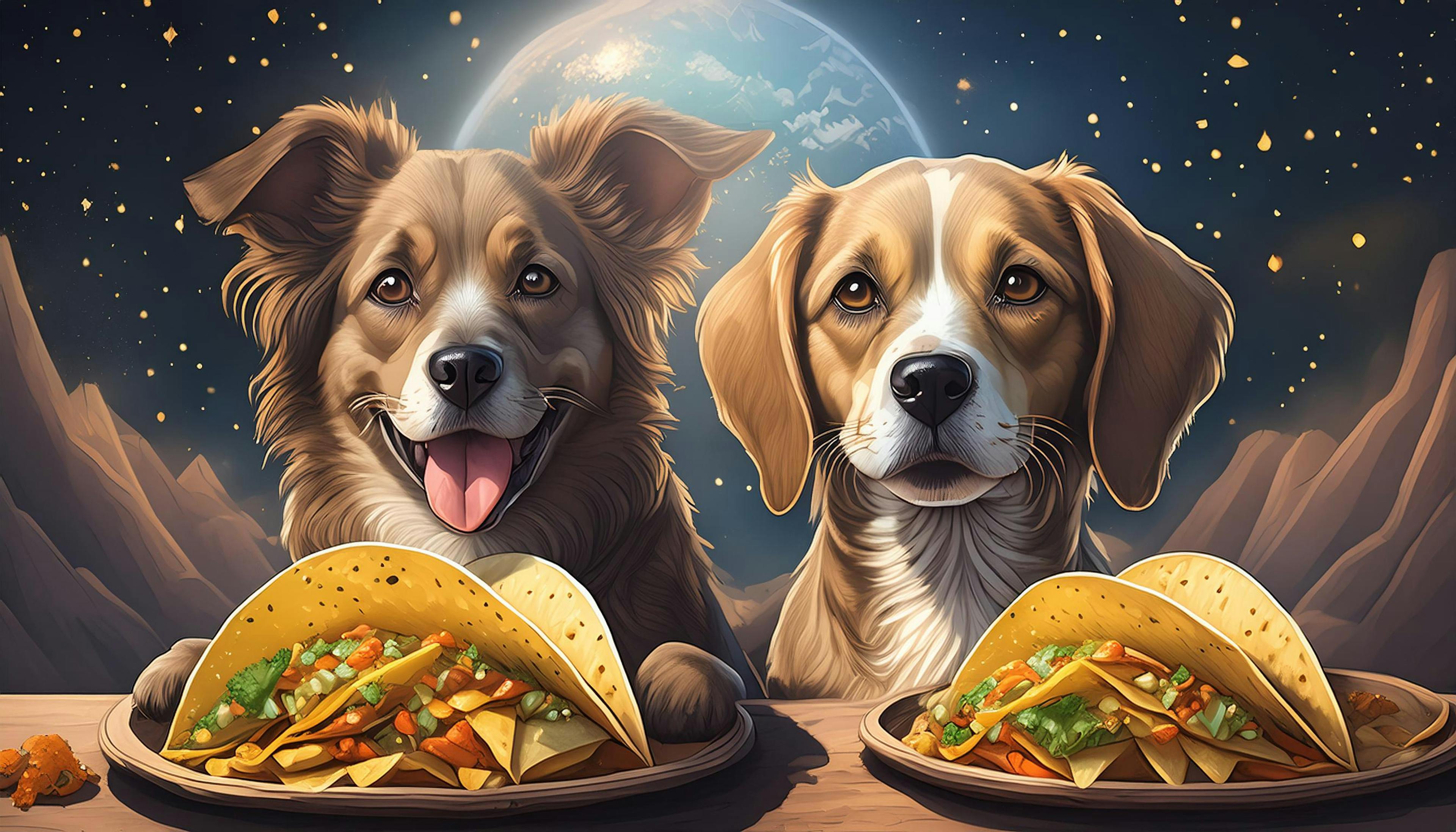 two dogs, two plates of tacos