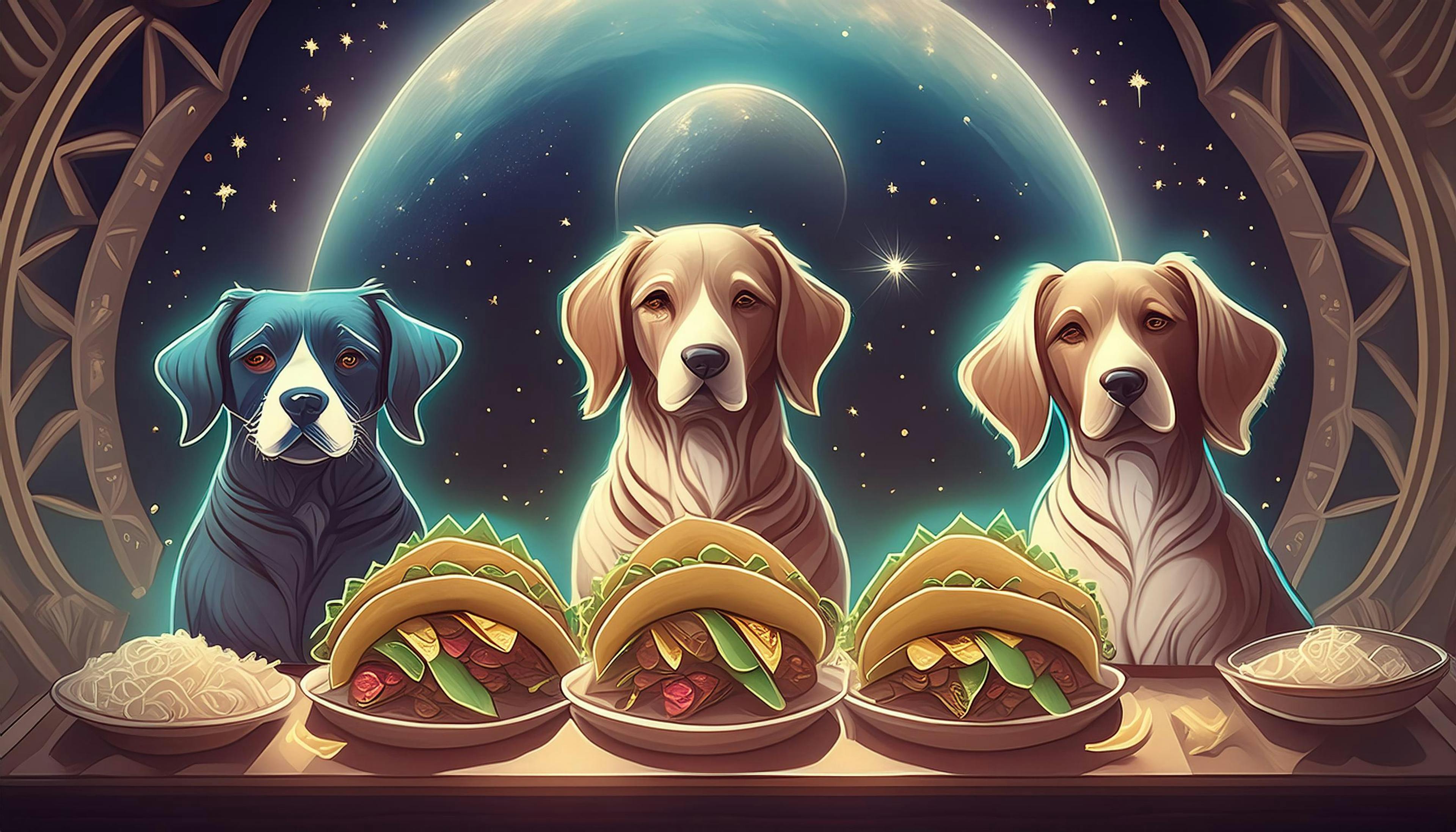 three dogs, four plates of tacos, in space