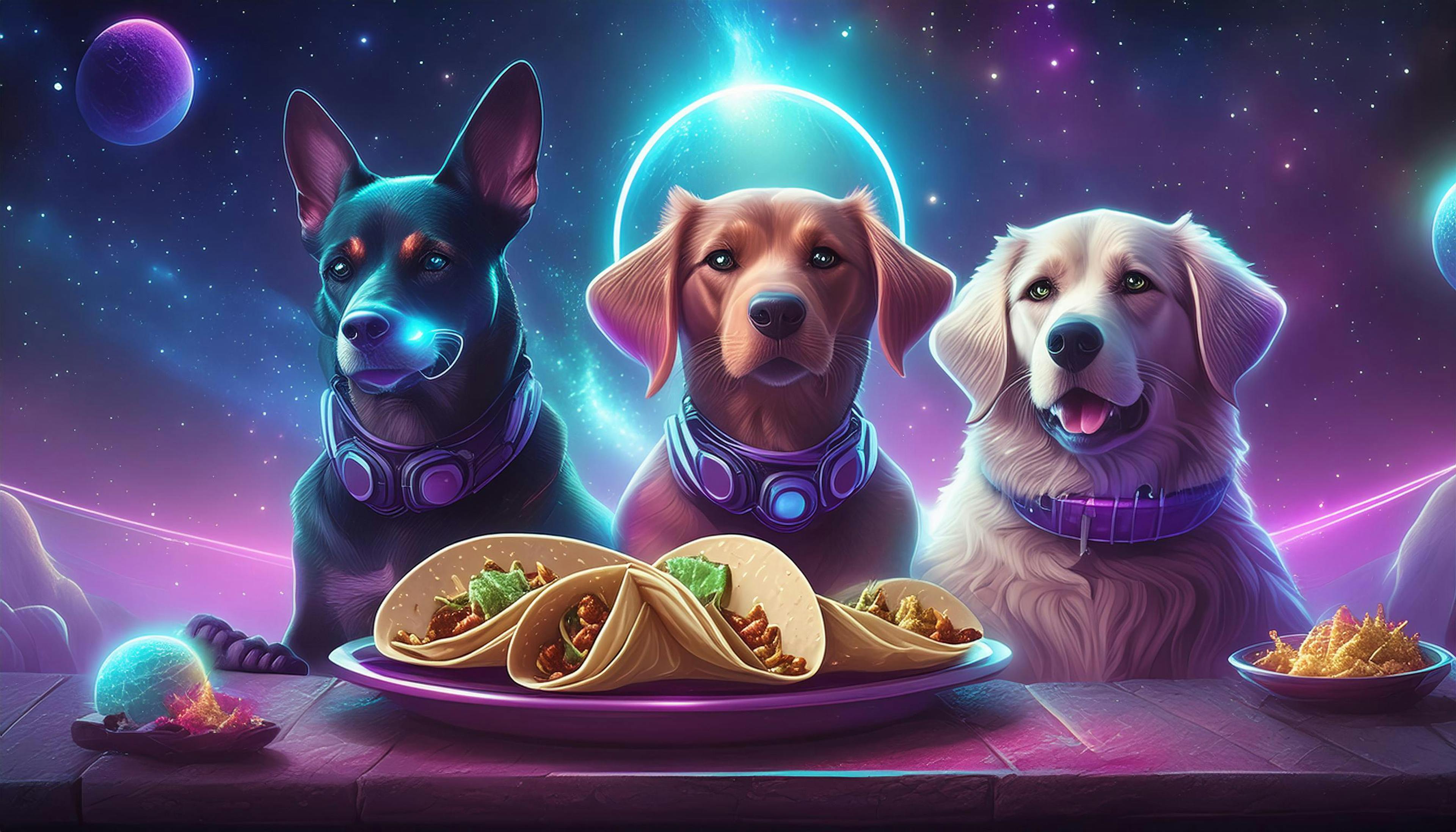 three dogs with a plate of tacos in space