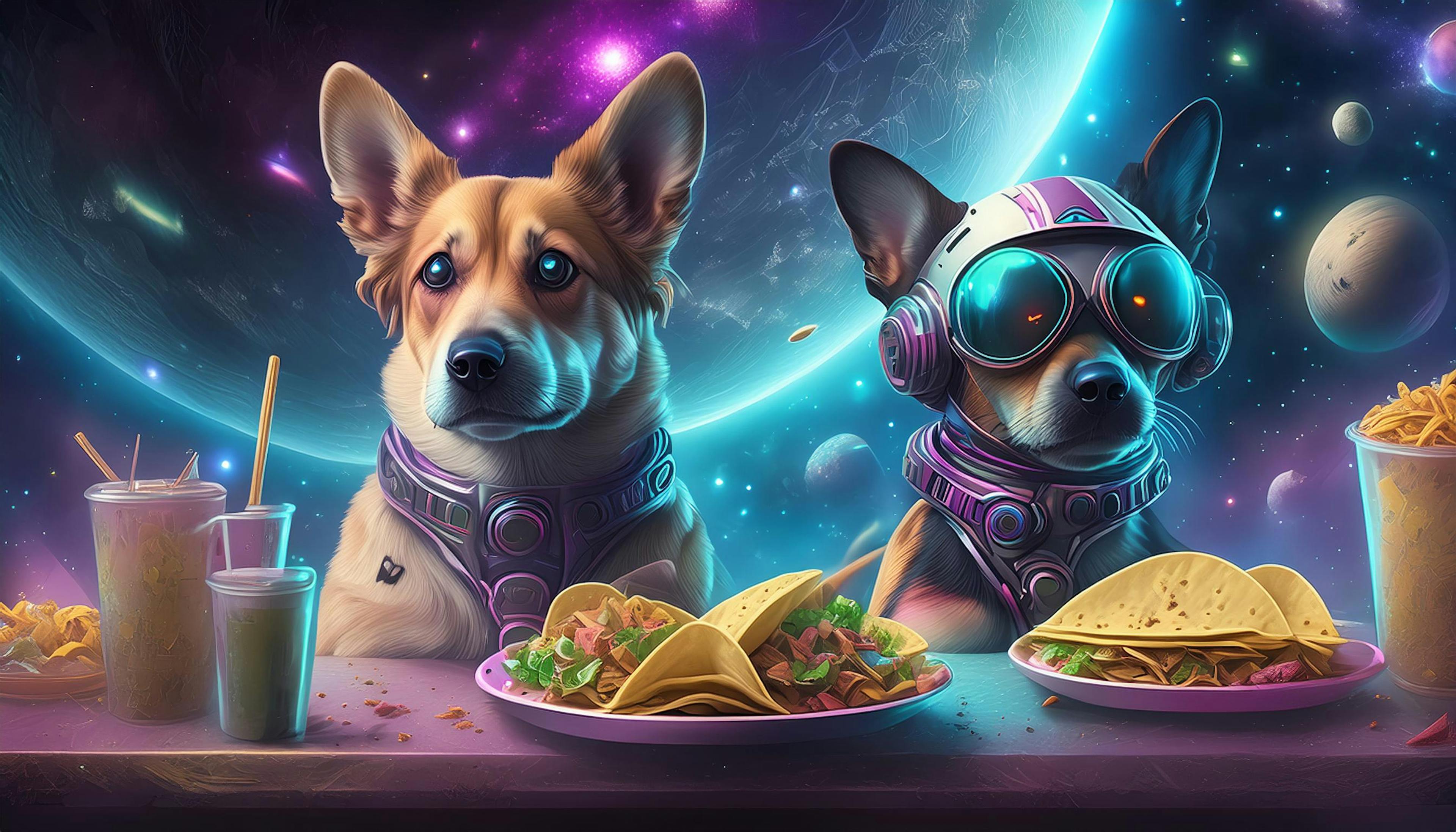 two dogs, one wearing goggles with tacos