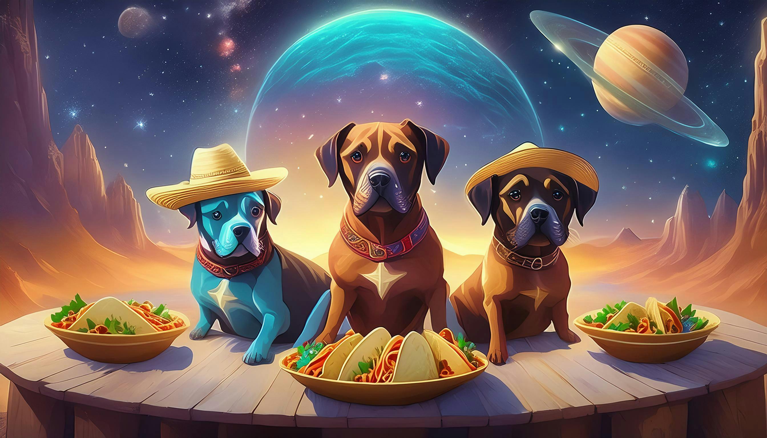 three dogs with three plates of tacos
