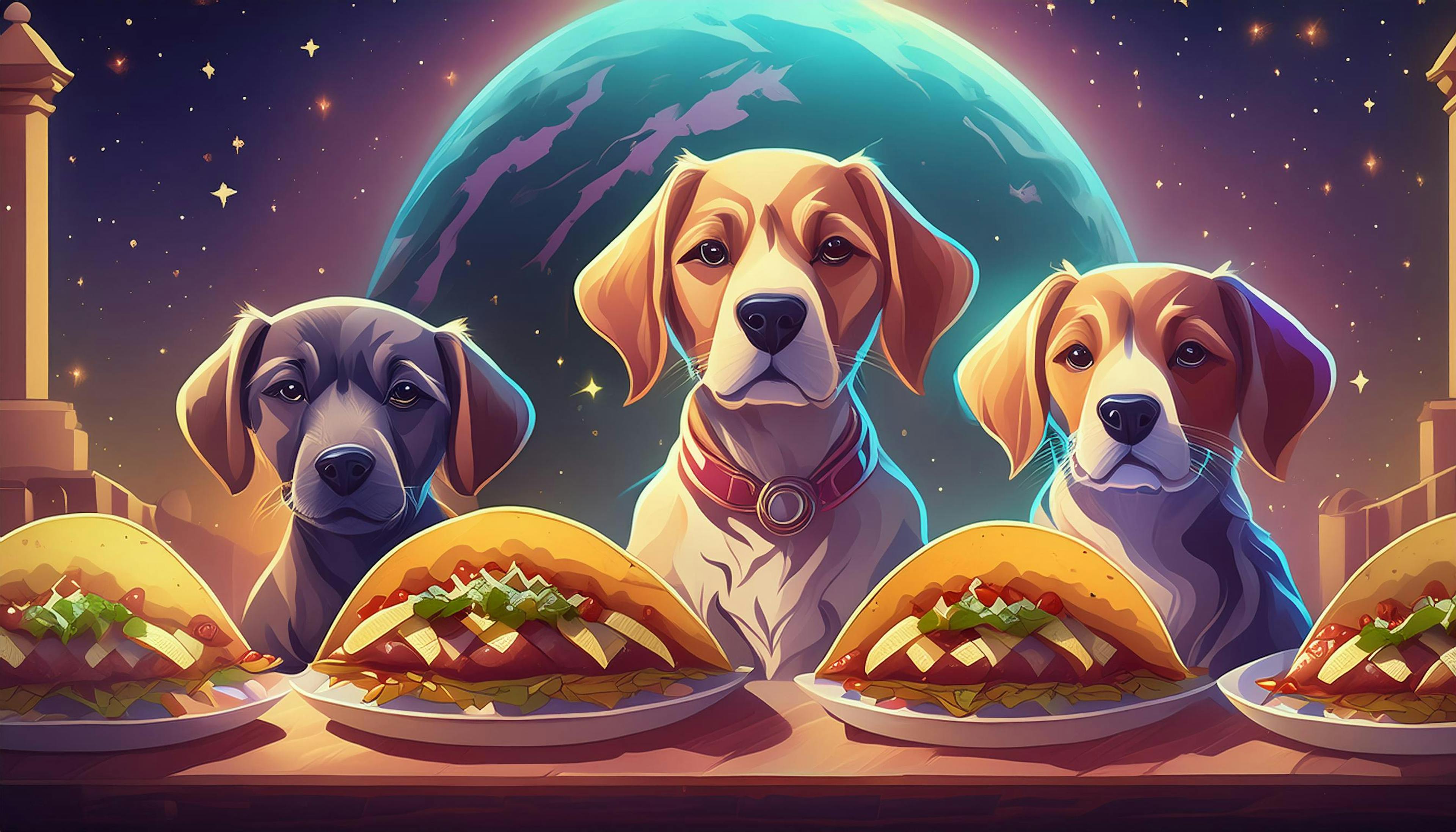 three dogs in space with tacos