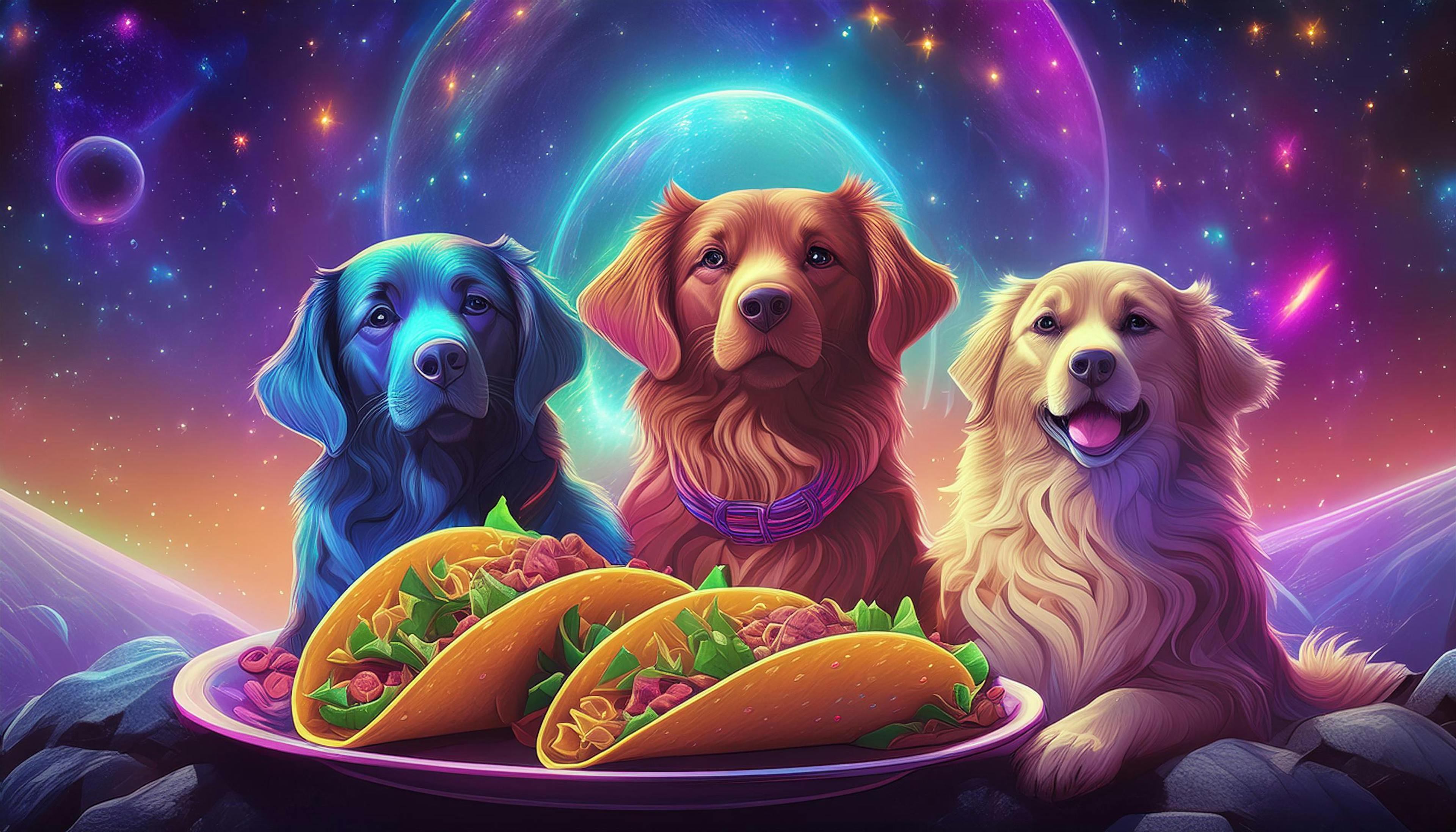 three dogs wth one plate of tacos