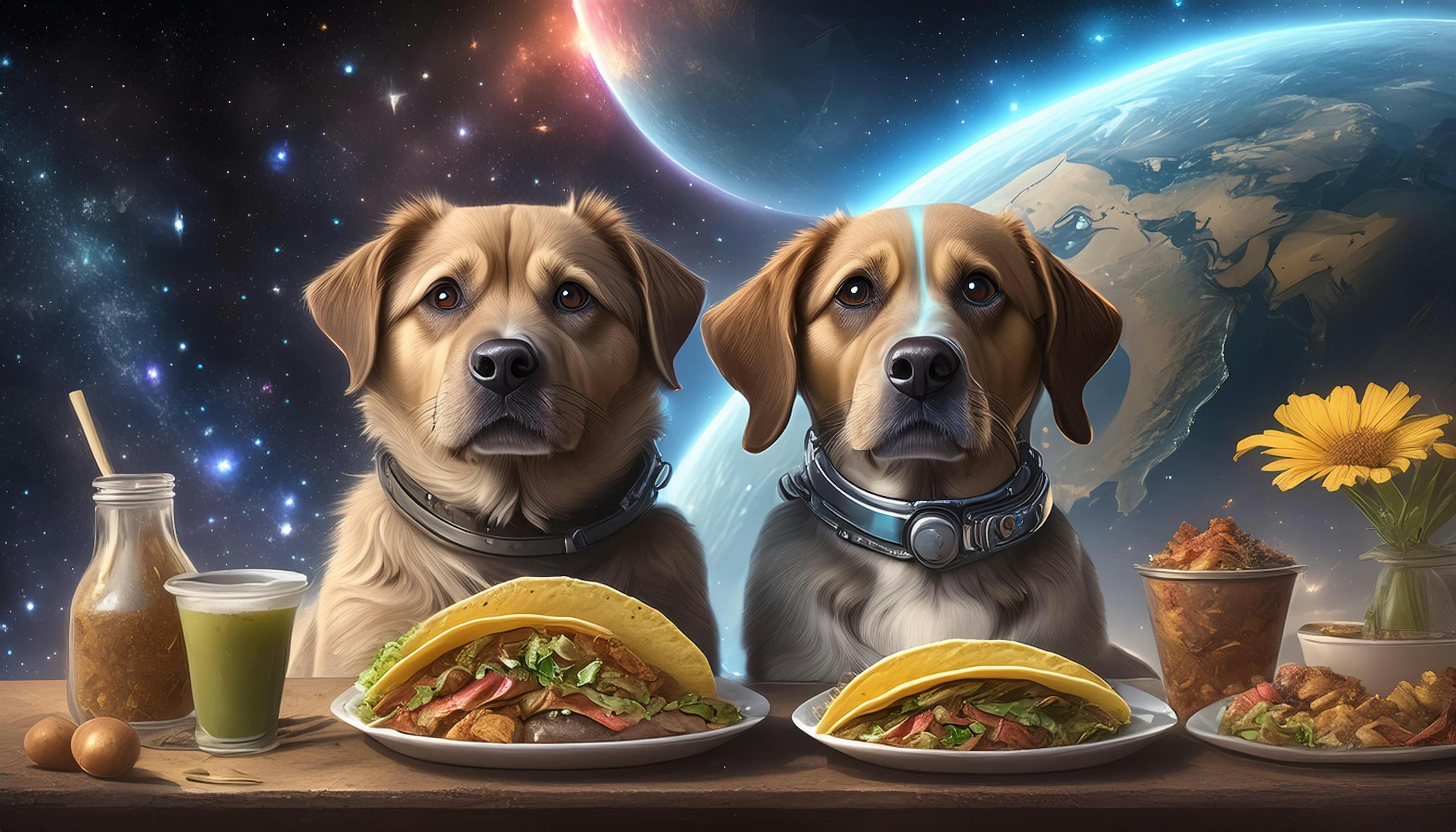 two dogs sternly sitting with tacos