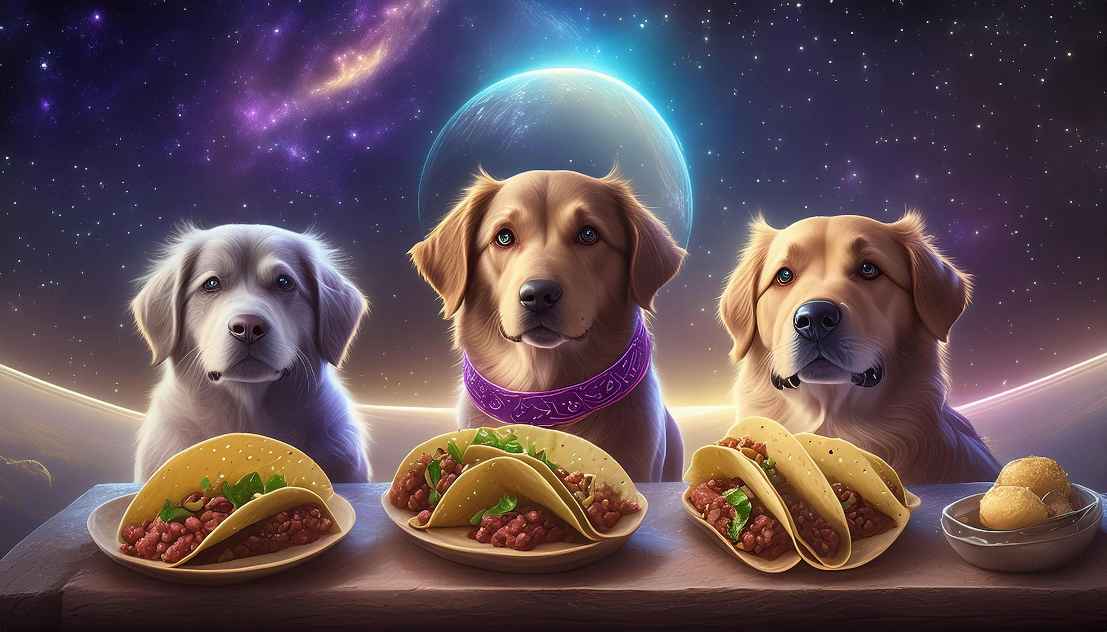 three dogs and three plates of tacos