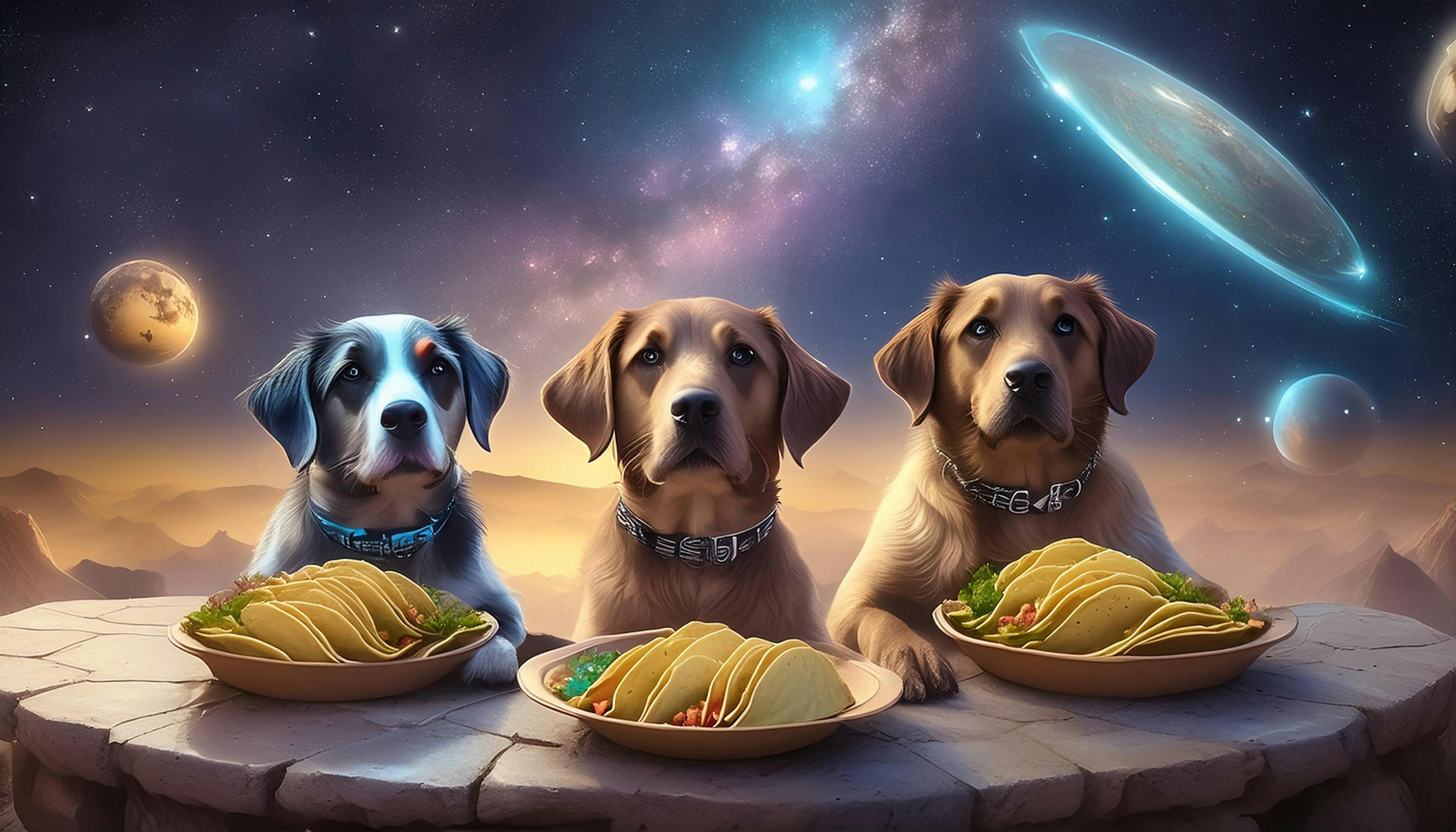 three dogs with tacos infront