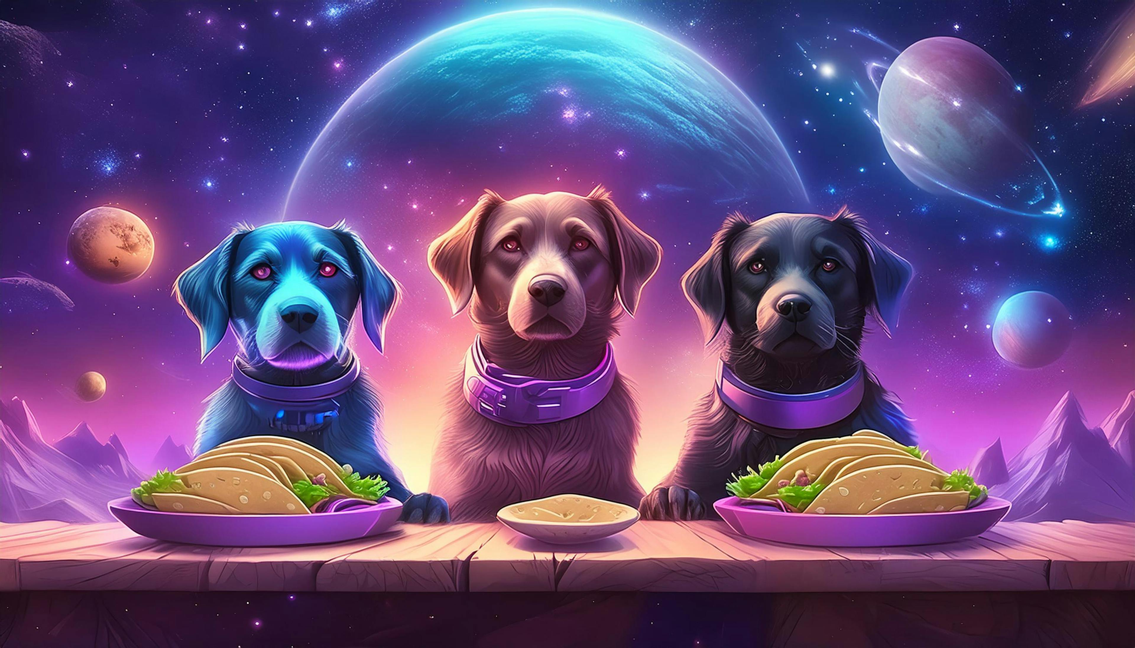 three dogs in space with tacos