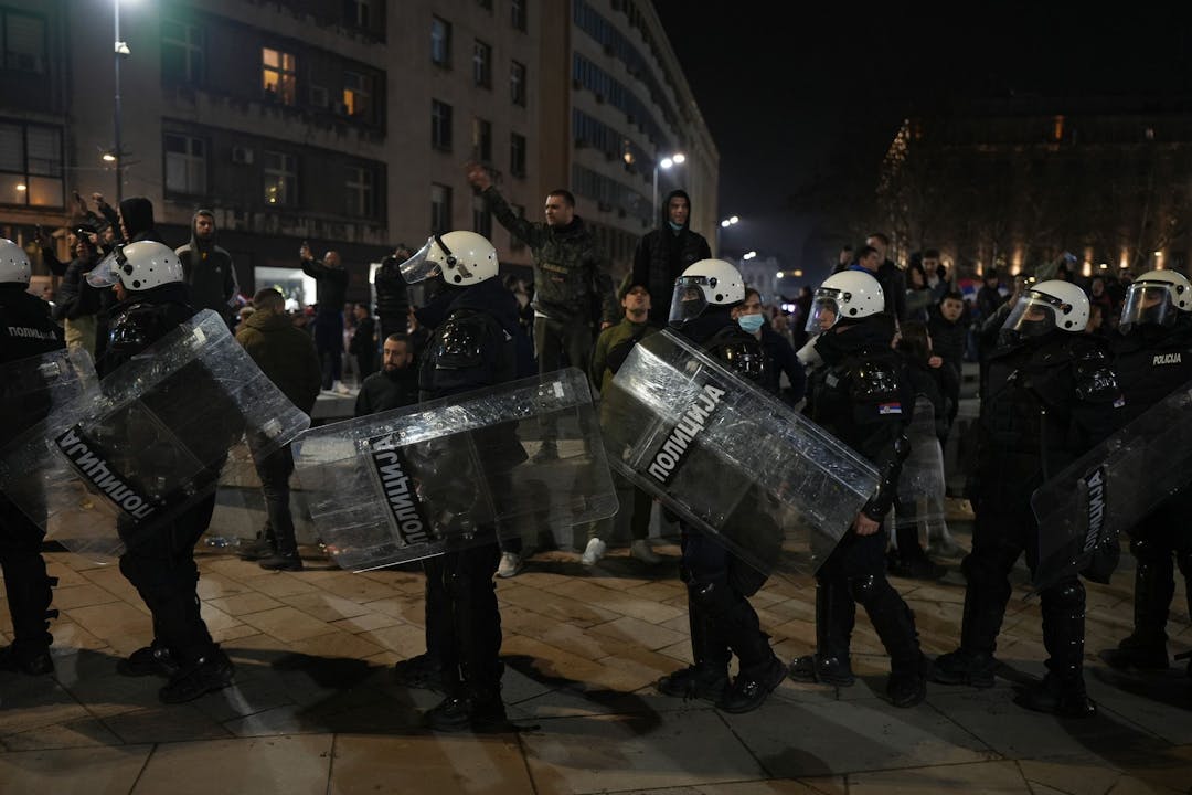 Protest and police in front of Serbian Parliament in Belgrade on March 15, 2025