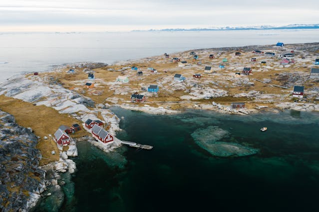 Aerial view of a village in Greenland