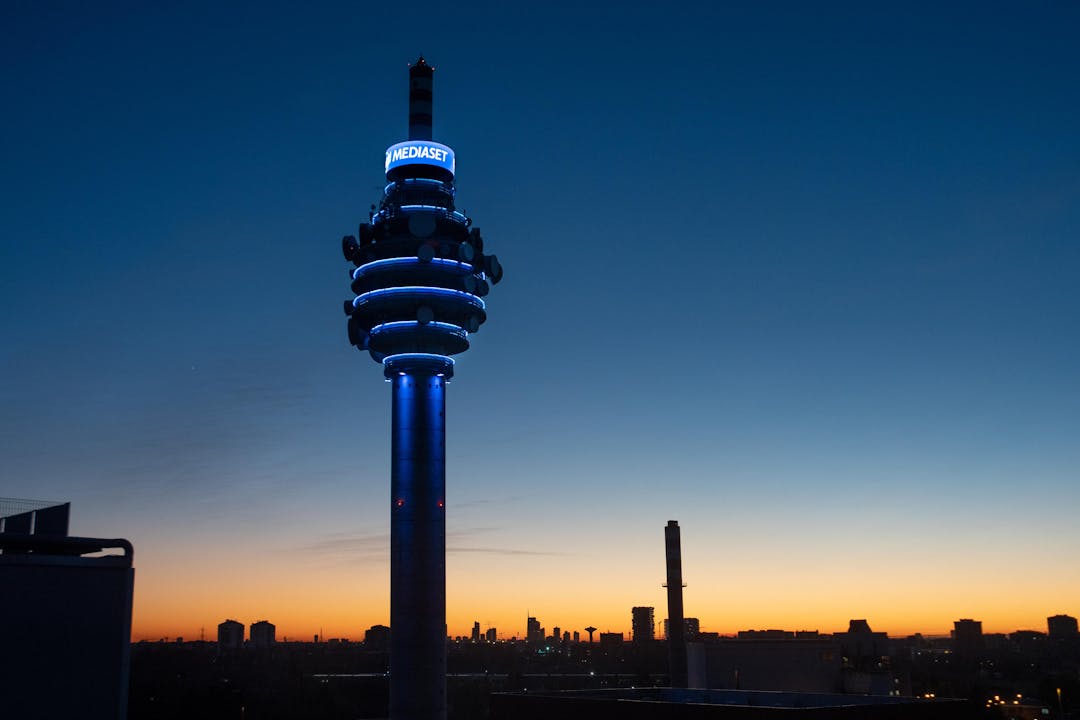 The Mediaset tower at sunset