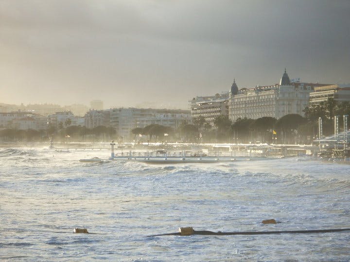 The beach and hotels in Cannes during a storm