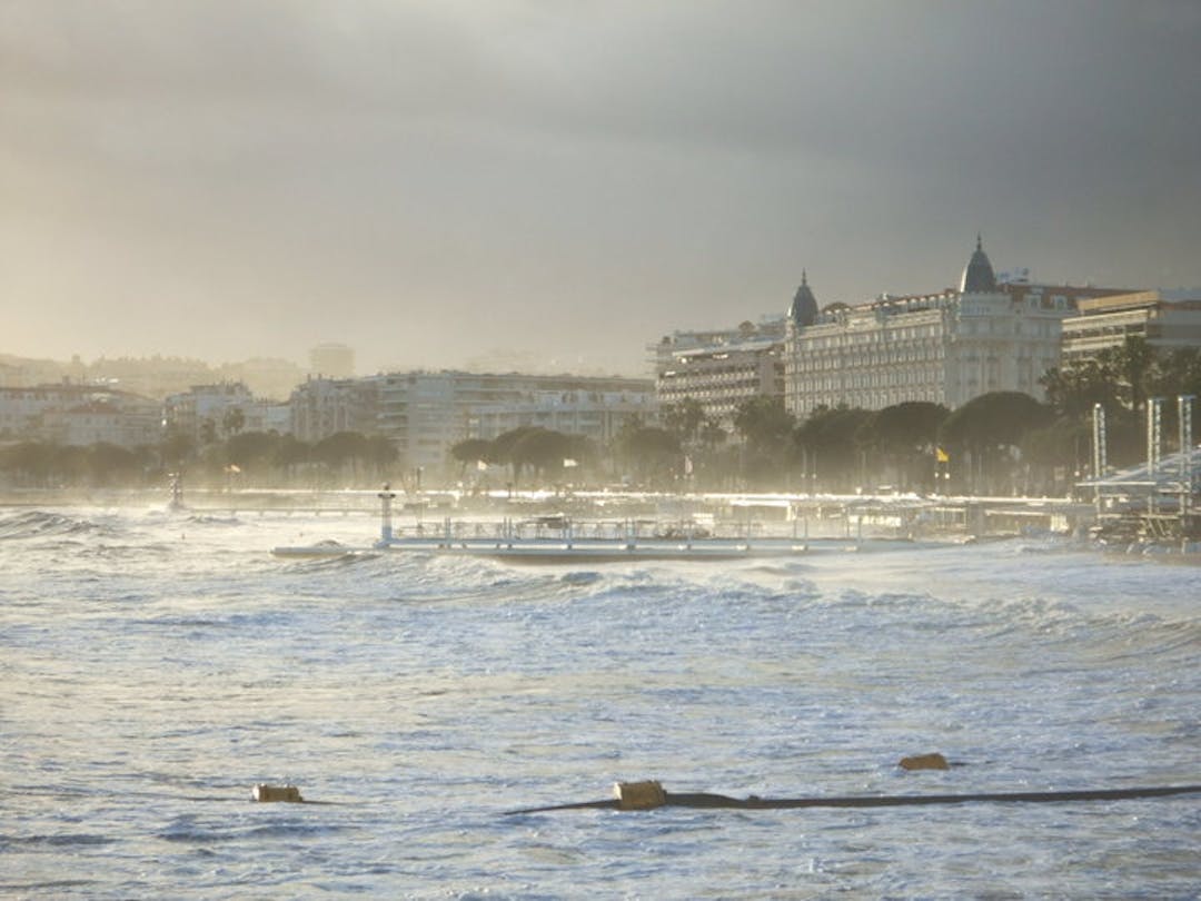 The beach and hotels in Cannes during a storm