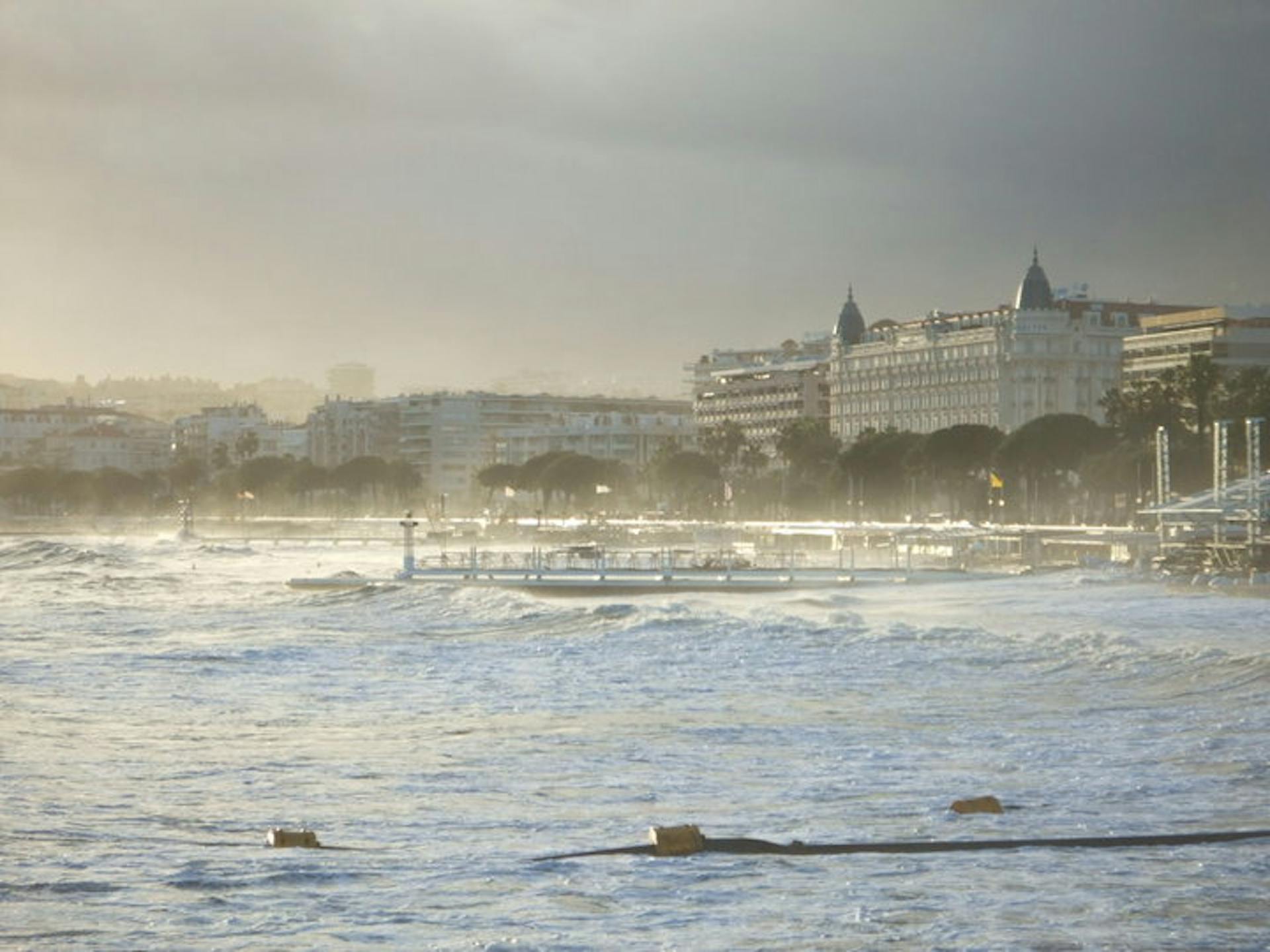 The beach and hotels in Cannes during a storm