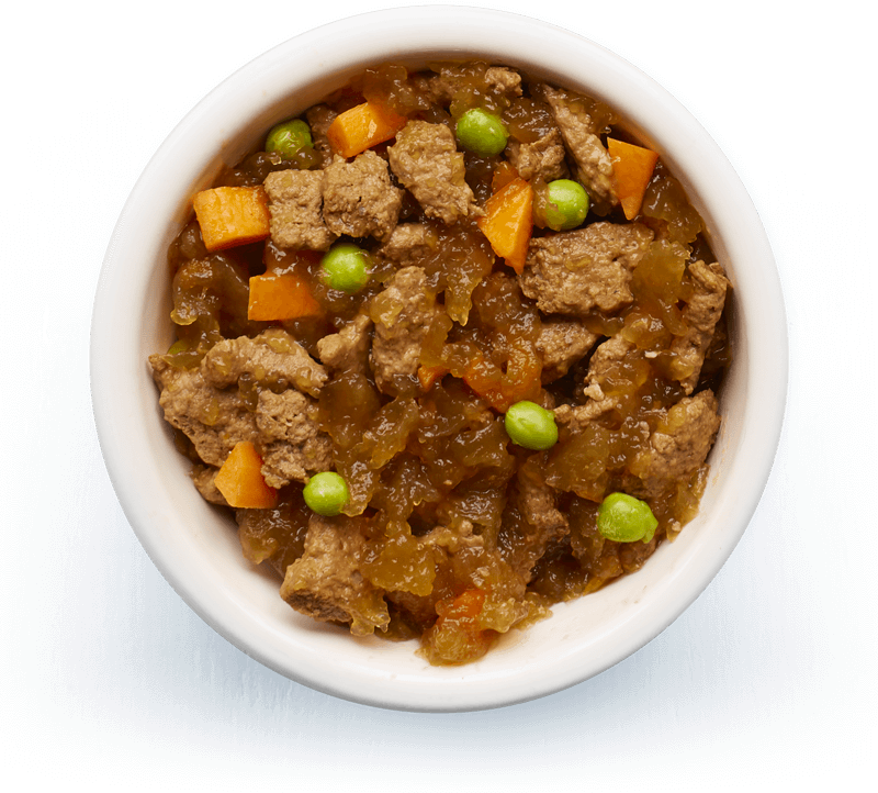An image of Tails wet food. Braised fillets of beef with vegetables in tasty jelly.