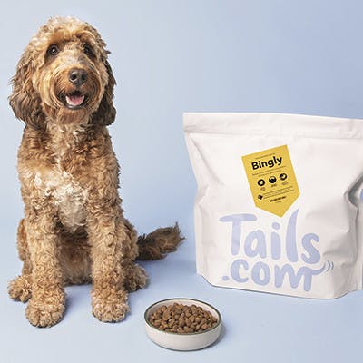 Bingly with tails.com bag of dog food