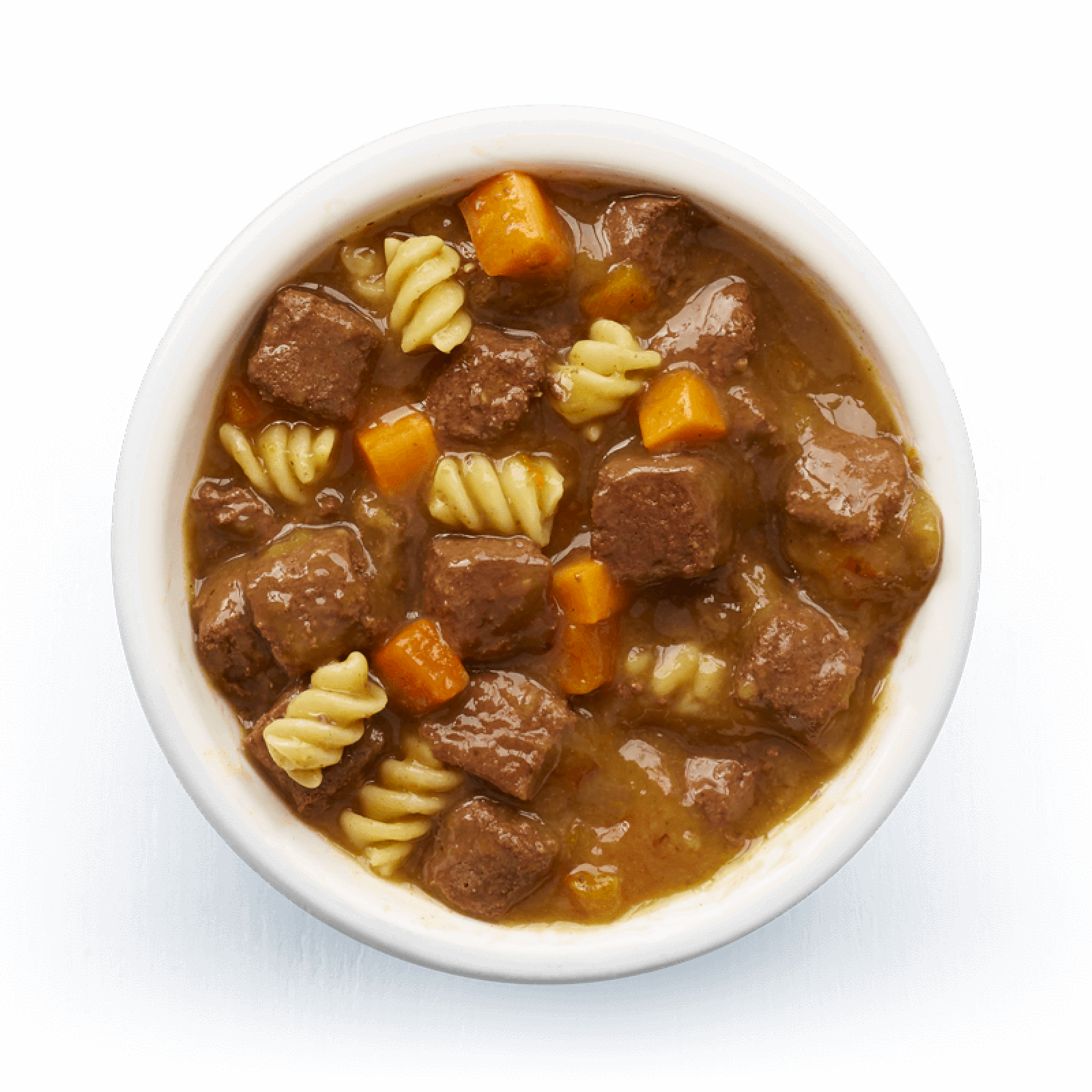 An image of Tails wet food. Hearty casserole with beef, pasta & carrots in tasty gravy.