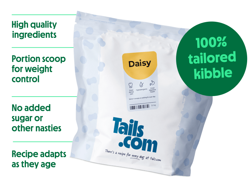 Tailored dry food bag with kibble and portion scoop