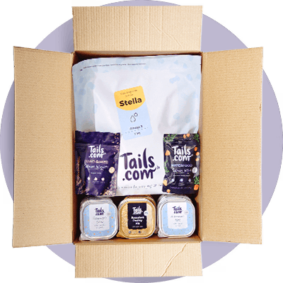 A tails.com box containing tails.com kibble, wet food and dry food