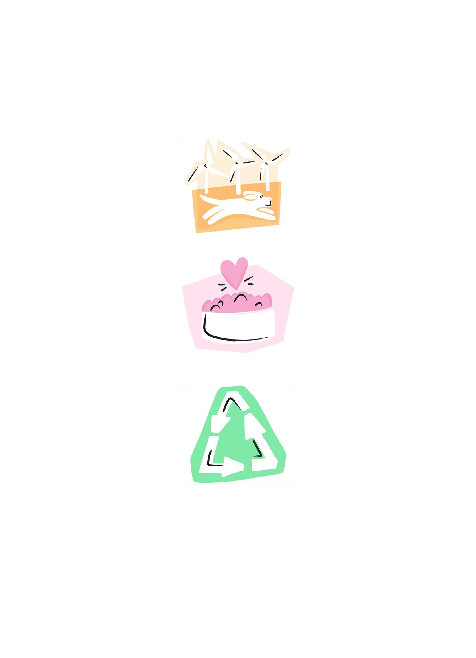 Illustrations highlighting tails.com's sustainability efforts, including renewable energy, food donations, and recyclable packaging