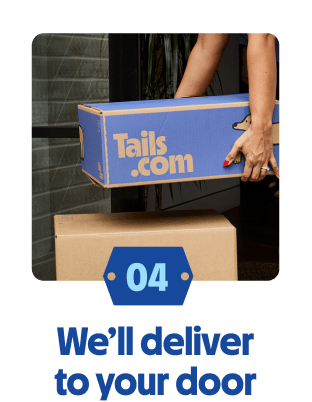 
                            Person holding a tails.com dog food subscription box at a front door.
