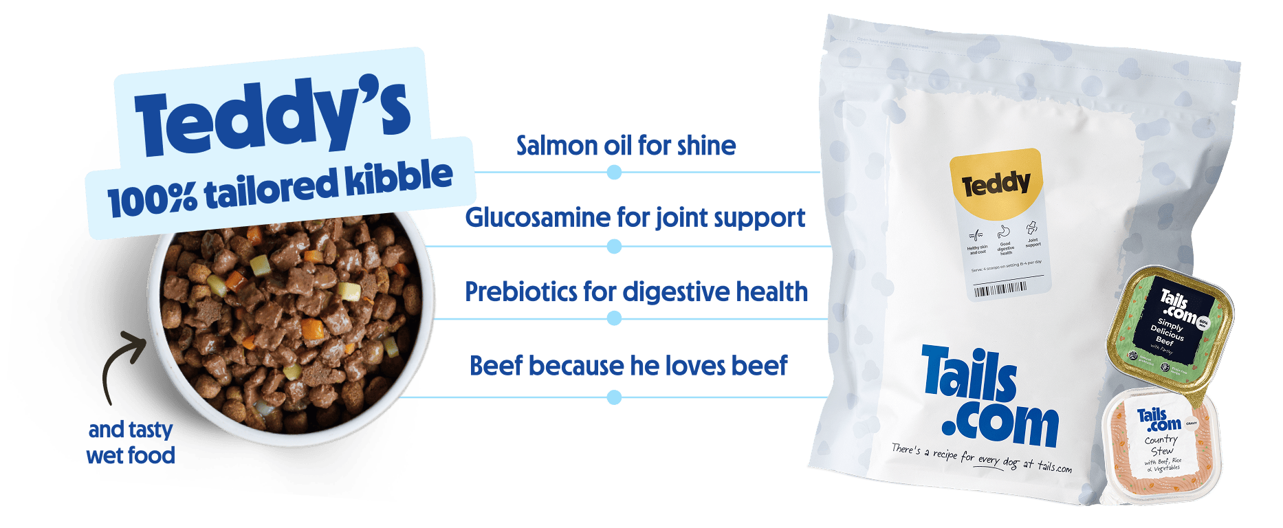 Bowl of tailored dog kibble with wet dog food, highlighting digestive health, joint support and shiny coat benefits.