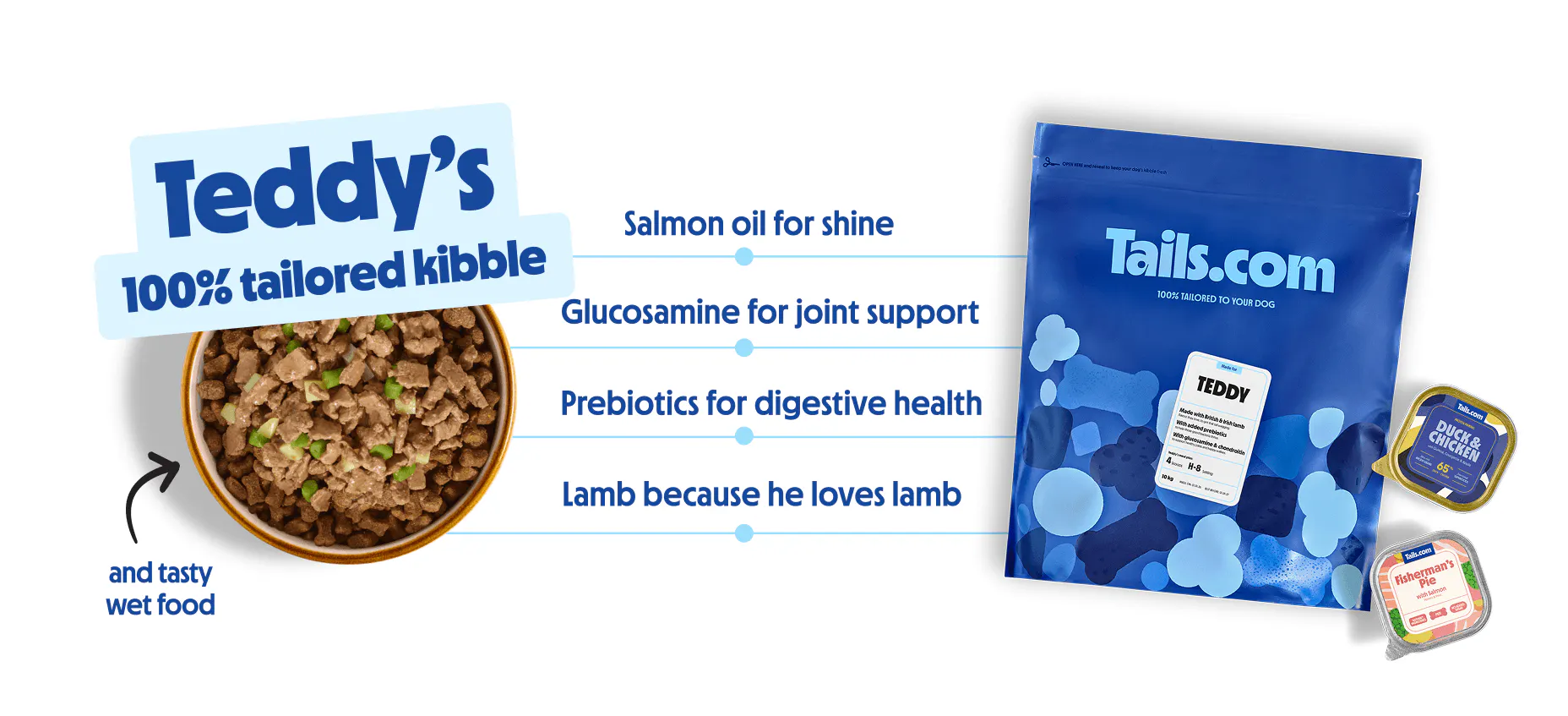 Bowl of tailored dog kibble with wet dog food, highlighting digestive health, joint support and shiny coat benefits.