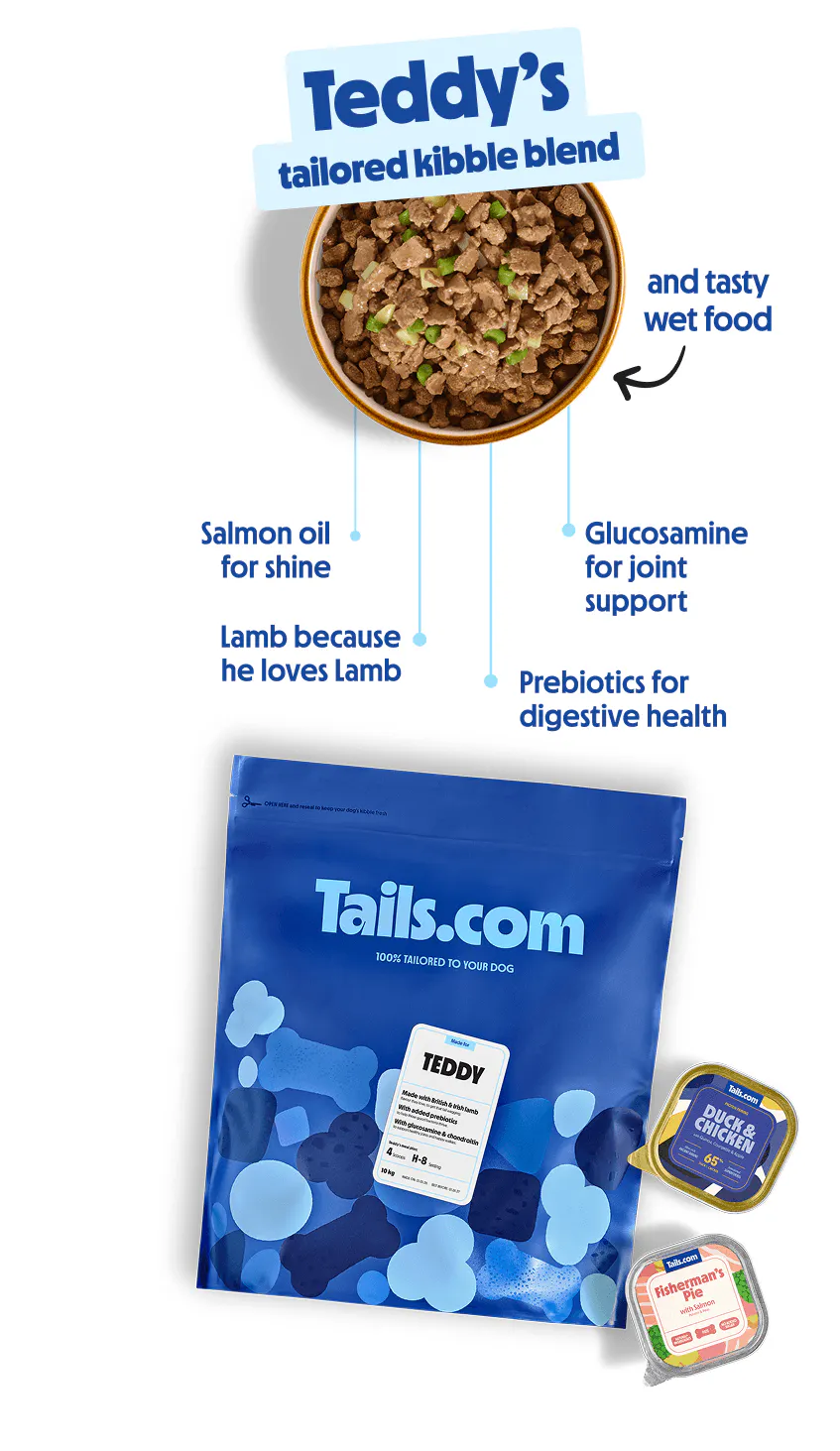 Bowl of tailored dog kibble with wet dog food, highlighting digestive health, joint support and shiny coat benefits.