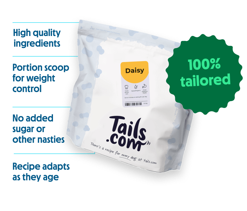Tailored dry food bag with kibble and portion scoop
