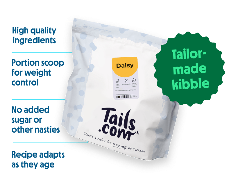 Tailored dry food bag with kibble and portion scoop