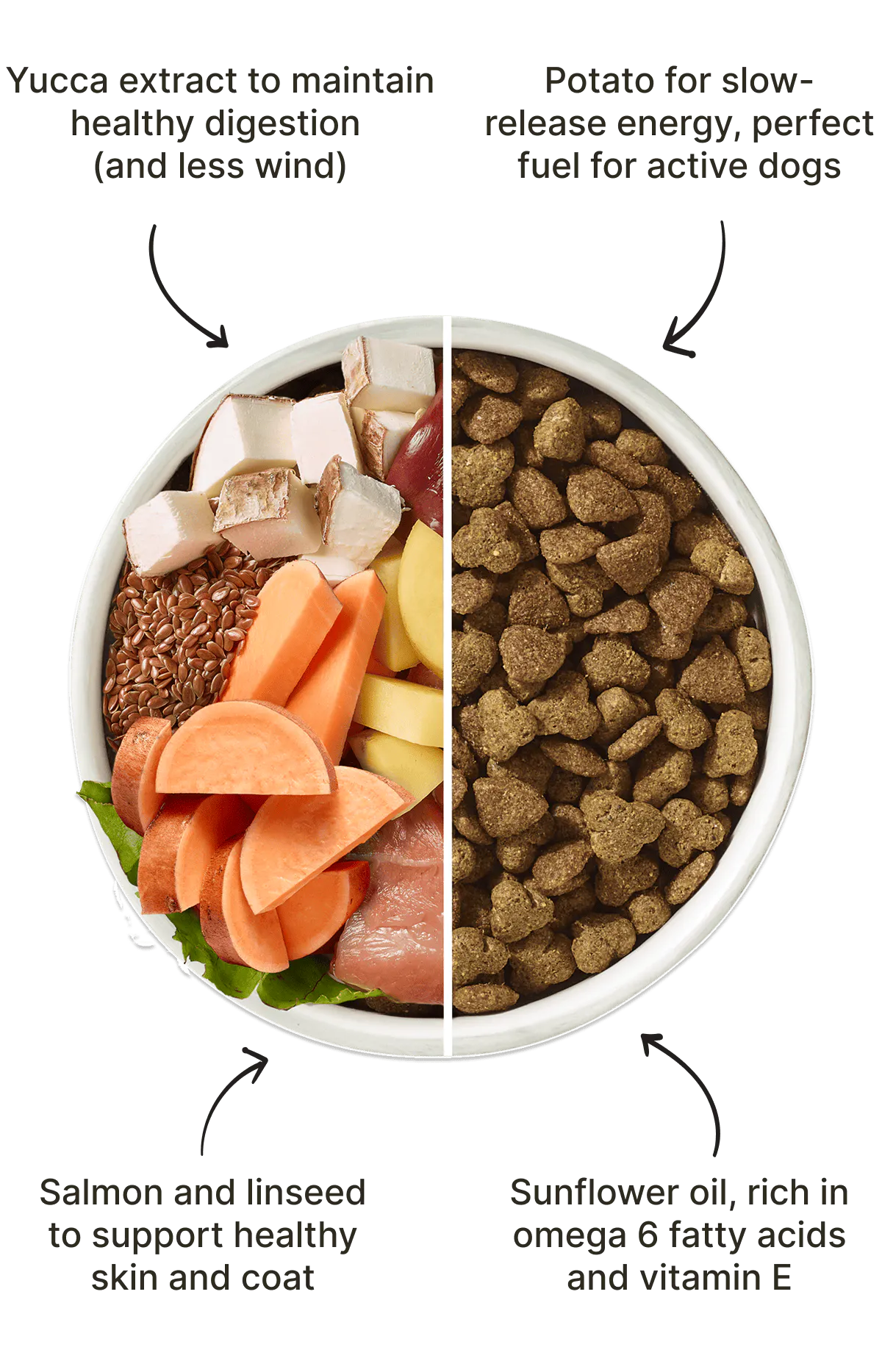 Yucca extract to maintain healthy digestion (and less wind). Potato for slow-release energy, perfect fuel for active dogs. Salmon and linseed to support healthy skin and coat. Sunflower oil, rich in omega 6 fatty acids and vitamin E.