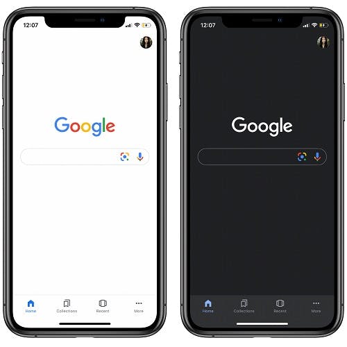 image of google in both light and dark mode on an iphone