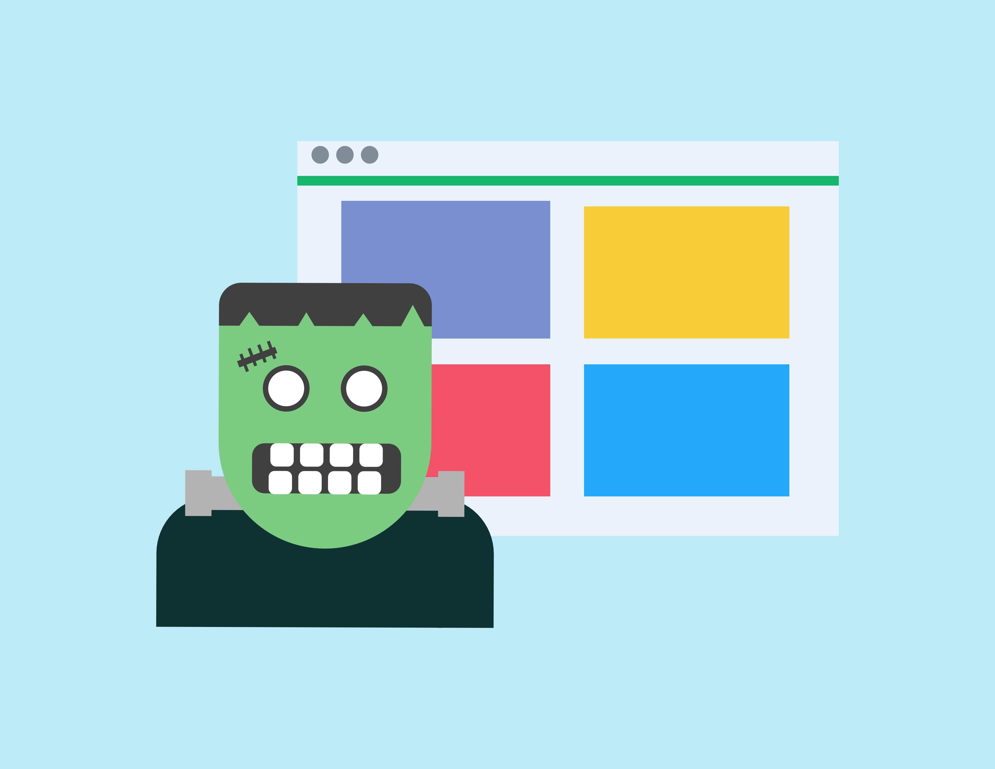 Image of Frankenstein in front of a web page 