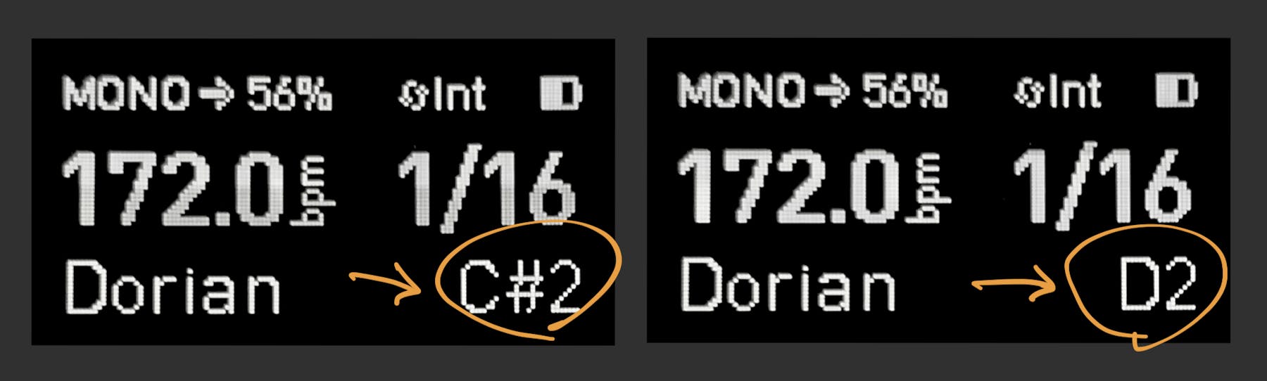 ディスプレイ: ルートのノートが変更されている様子
