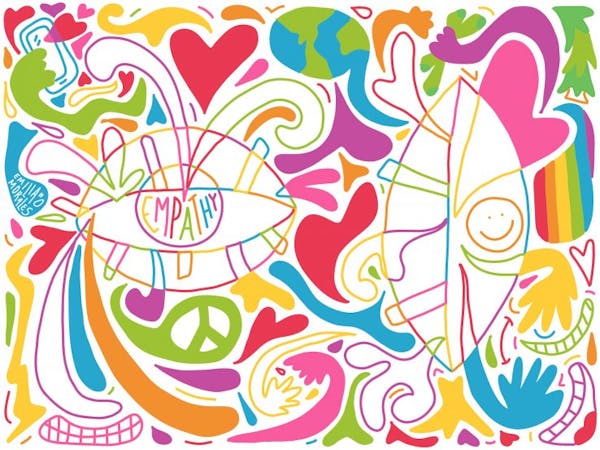 The image is based on the "empathic point of view" and shows many twisted, flowing shapes in bright colours like smiles, arms, eyes and hearts.  