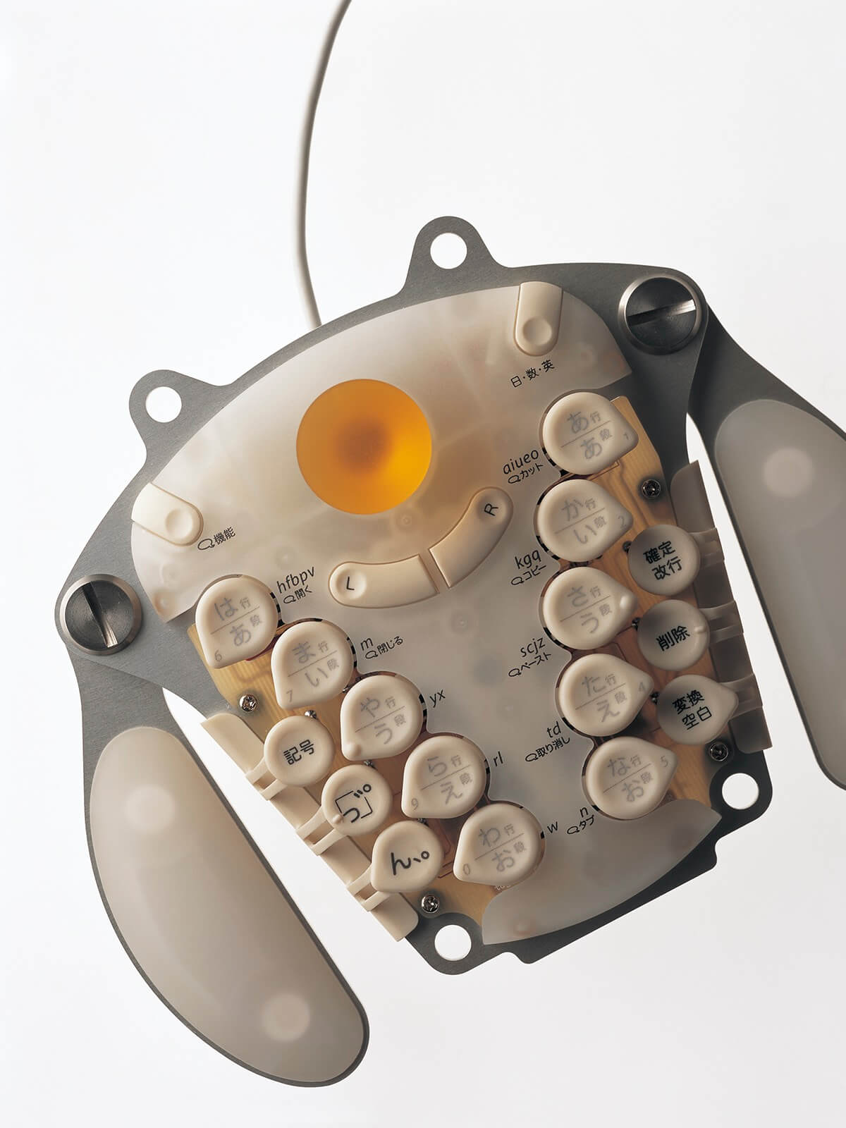 Japanese input device with ten buttons arranged in two rows, designed for intuitive character selection