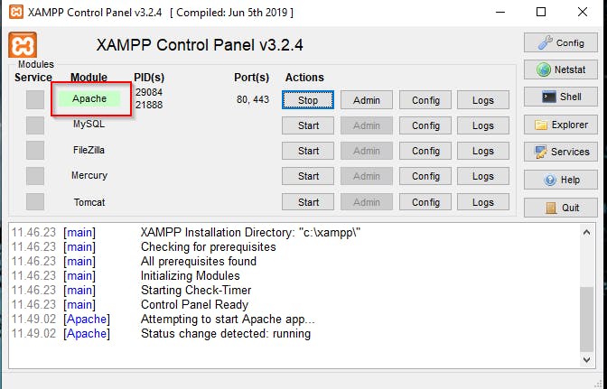 Apache server running