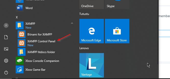 Xampp Control panel from start menu