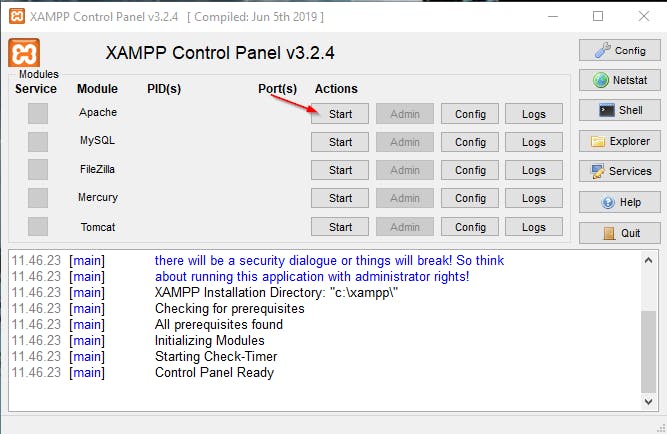 Hit Start for the Apache server