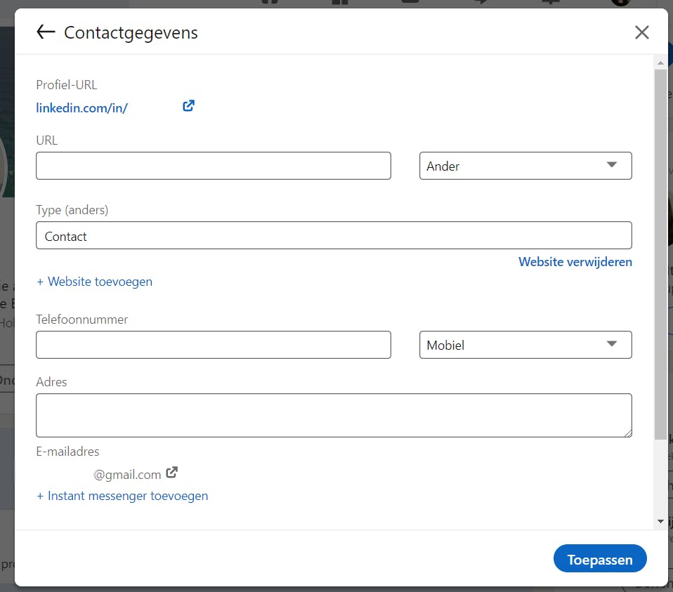 Contactpagina op een LinkedIn profiel