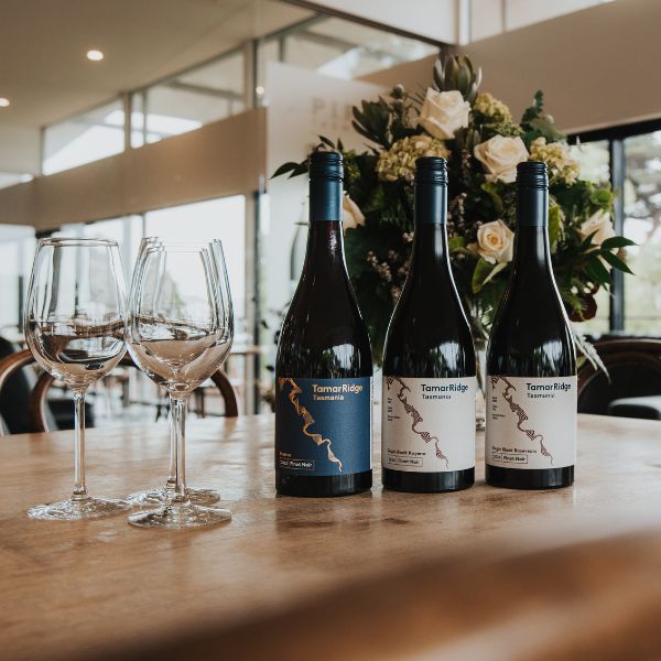 A shot with bottles of wine from Tamar ridge and wine glasses