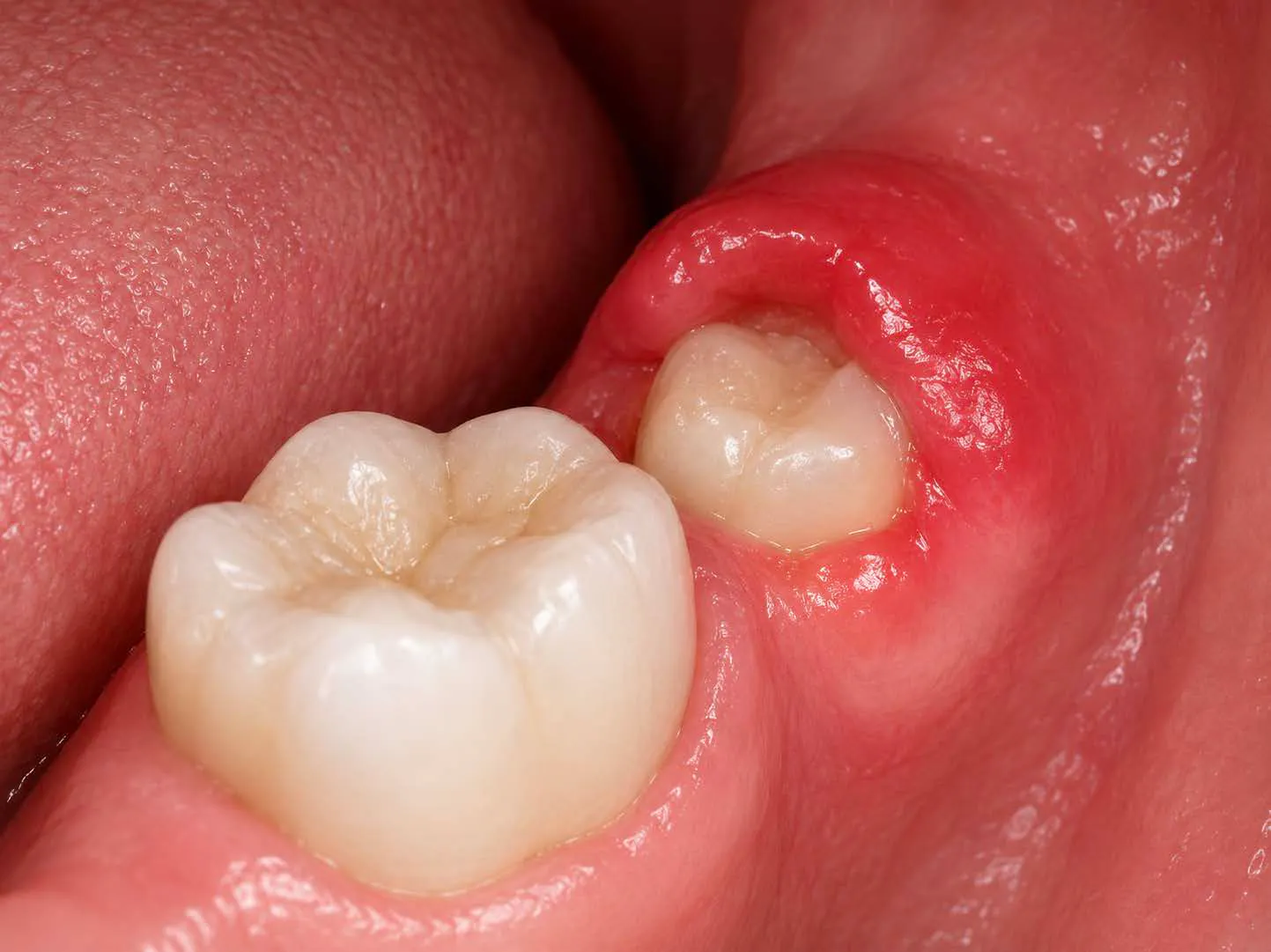 Close up of a irritated wisdom tooth.