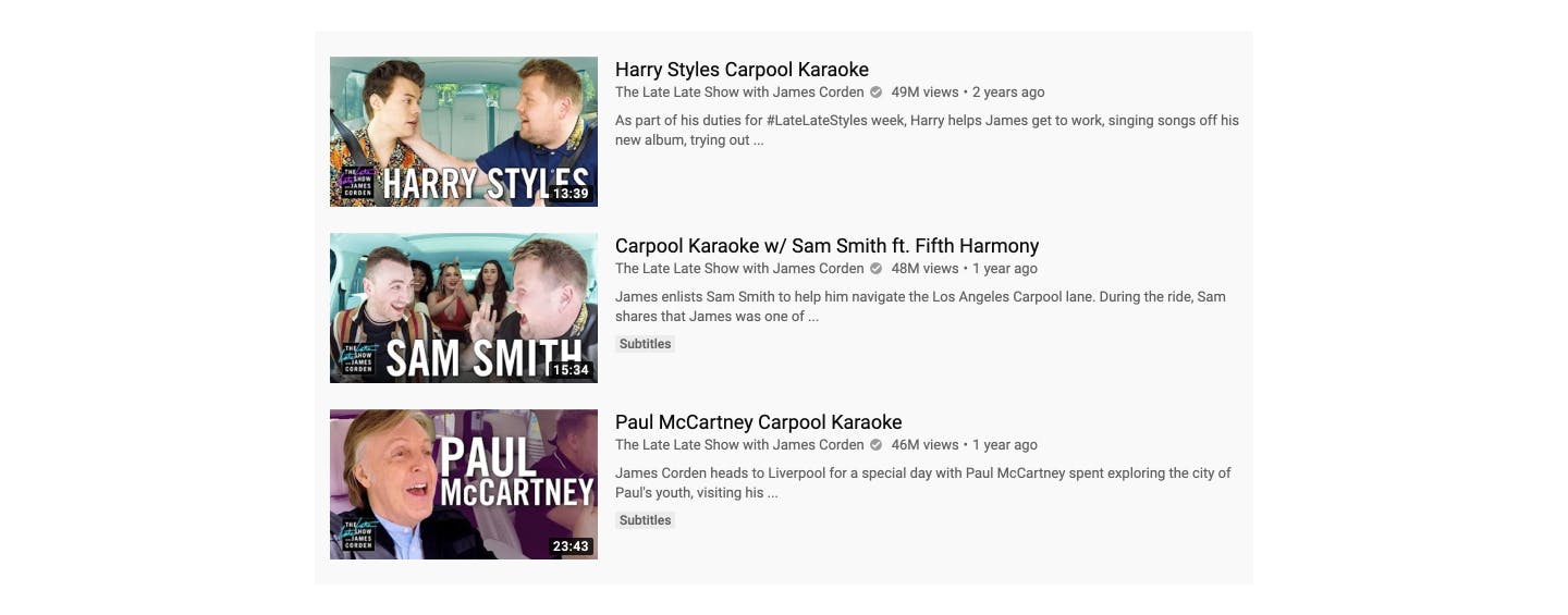 YouTube James Corden's carpool karaoke thumbnails