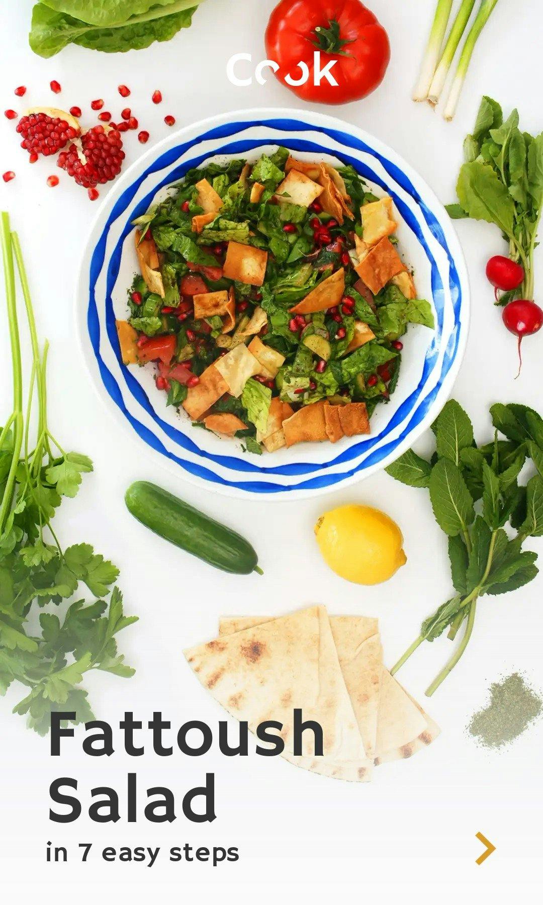 Cover of a tappable web Story explaining how to make a fattoush salad