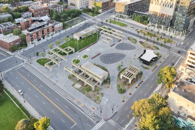 Vue aérienne d'une place publique avec une architecture de paysage innovante.