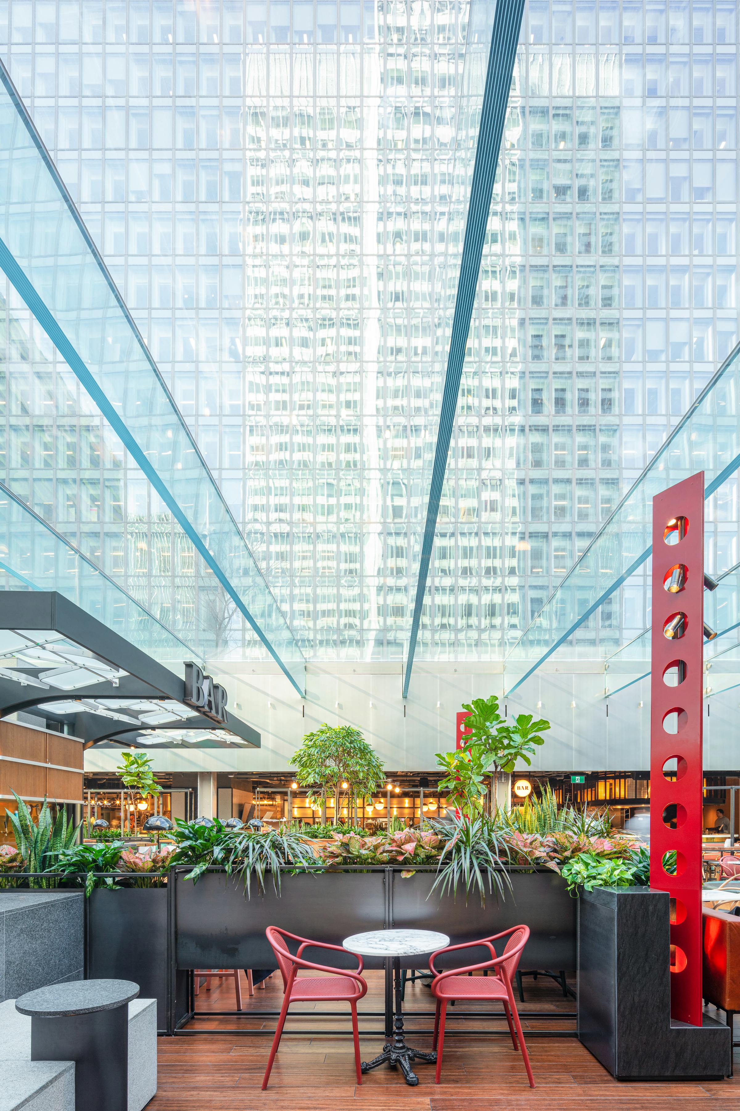 Professional architectural photography of the Cathcart Biergarden with perspective on Place Ville Marie in Montreal.