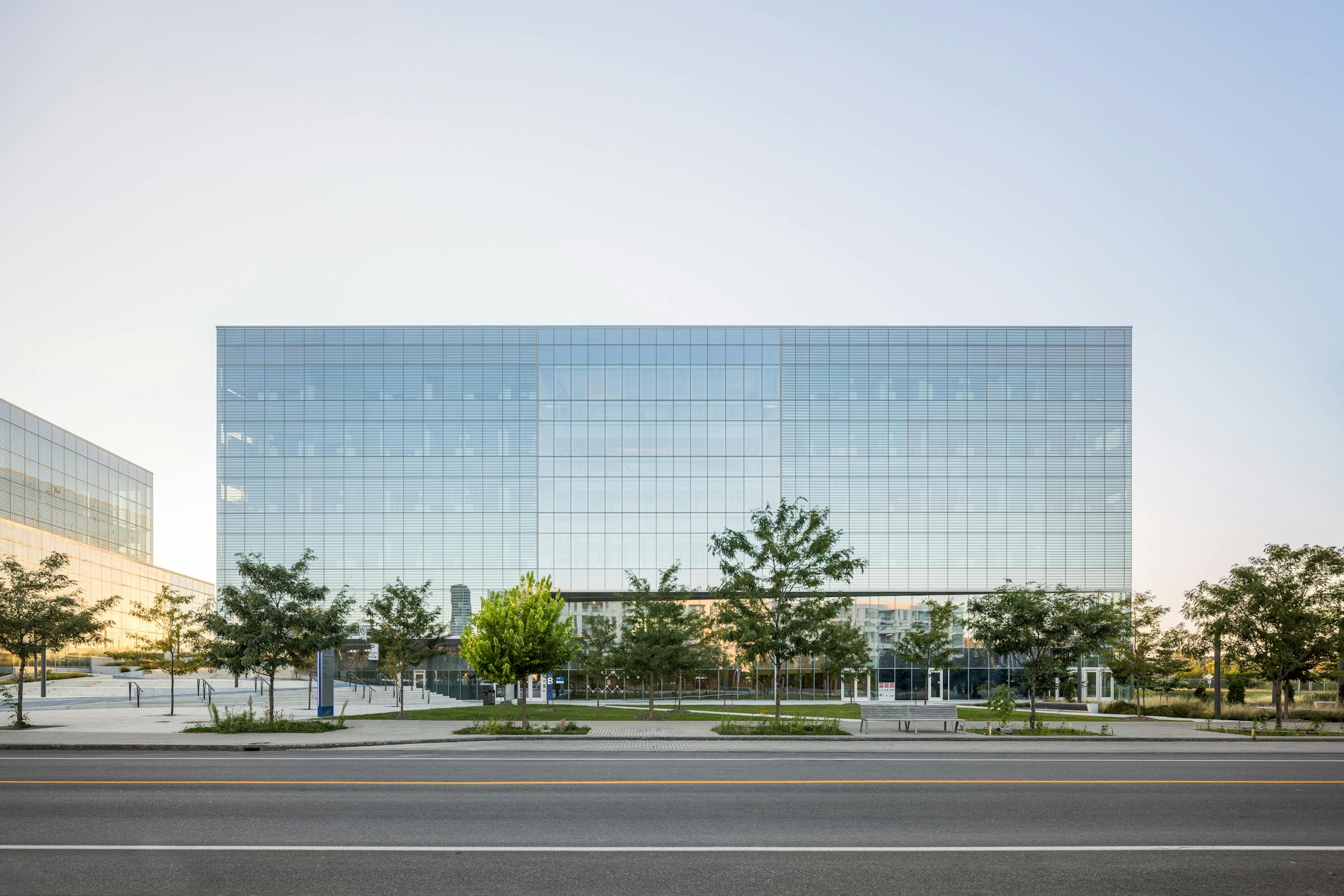 Front photograph of the science campus of the University of Montreal with late afternoon light.