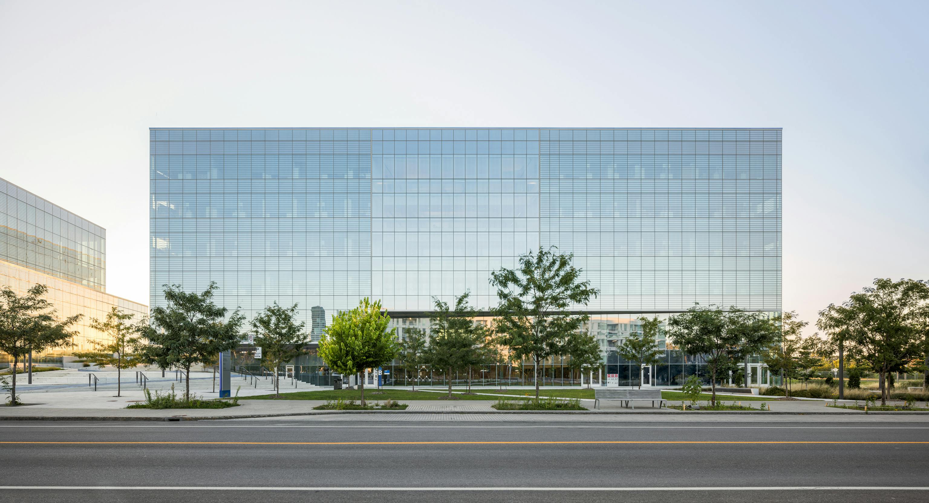 Front photograph of the science campus of the University of Montreal with late afternoon light.