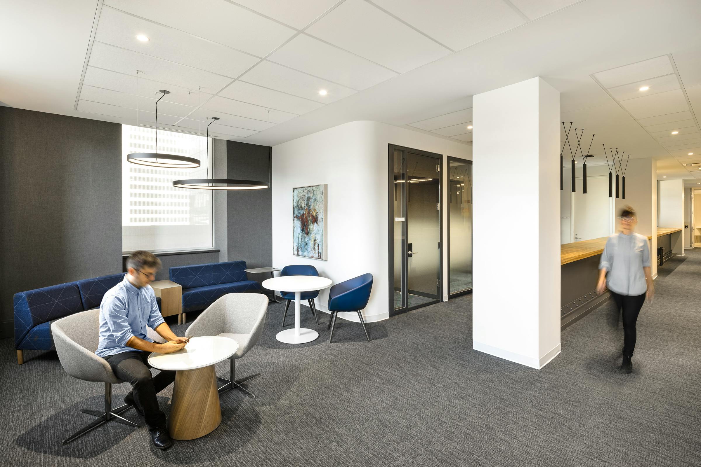 Lounge and lounge space in commercial offices with moving characters.